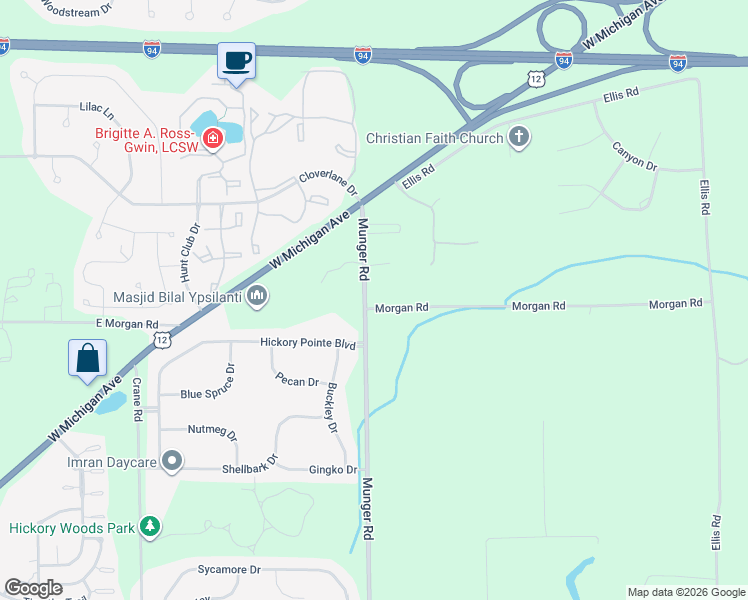 map of restaurants, bars, coffee shops, grocery stores, and more near 4985 Munger Road in Ypsilanti