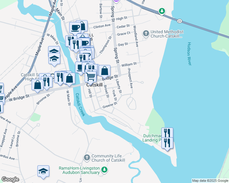 map of restaurants, bars, coffee shops, grocery stores, and more near 38 York Street in Catskill