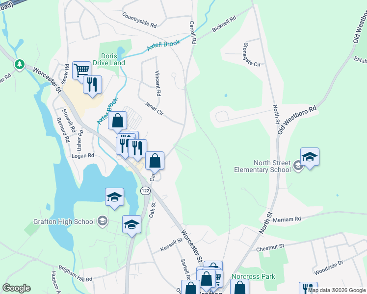 map of restaurants, bars, coffee shops, grocery stores, and more near 7 Abby Road in Grafton