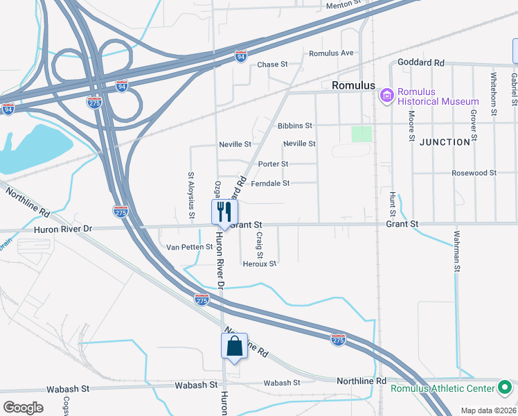 map of restaurants, bars, coffee shops, grocery stores, and more near 37038 Grant Street in Romulus