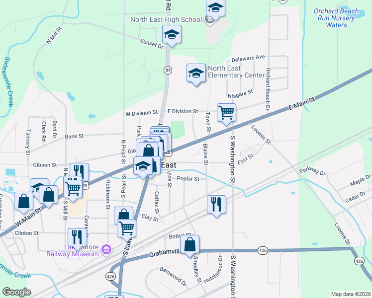 map of restaurants, bars, coffee shops, grocery stores, and more near 38 East Main Street in North East