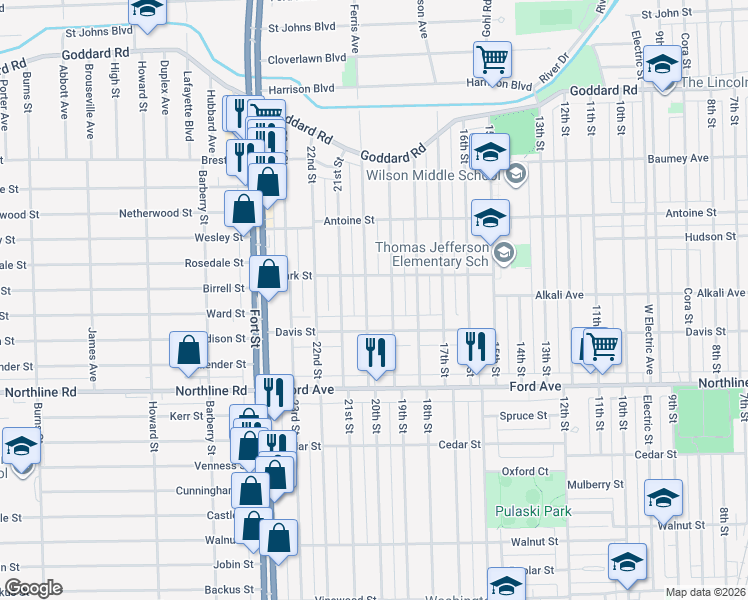 map of restaurants, bars, coffee shops, grocery stores, and more near 2006 Davis Street in Wyandotte