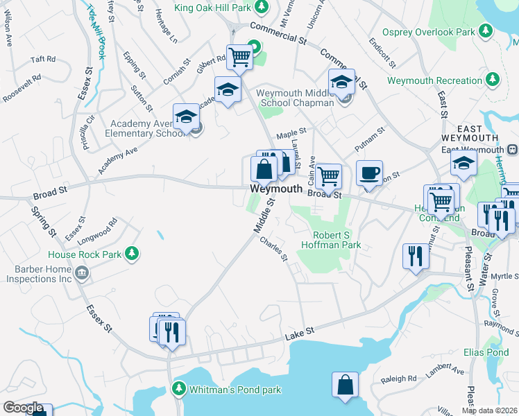map of restaurants, bars, coffee shops, grocery stores, and more near 229 Middle Street in Weymouth