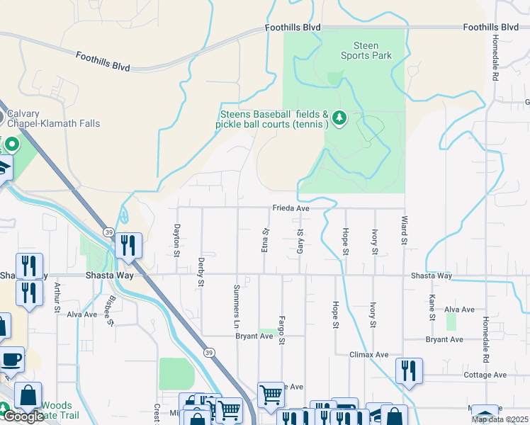 map of restaurants, bars, coffee shops, grocery stores, and more near 1406 Etna Street in Klamath Falls