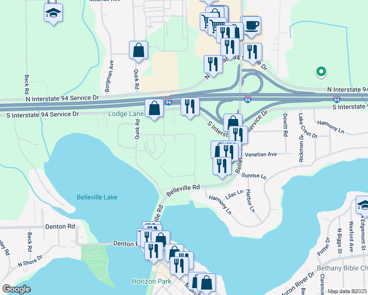 map of restaurants, bars, coffee shops, grocery stores, and more near 46141 Village Green Lane in Van Buren Charter Township