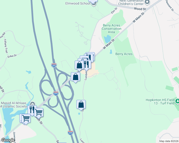 map of restaurants, bars, coffee shops, grocery stores, and more near 1 Lumber Street in Hopkinton