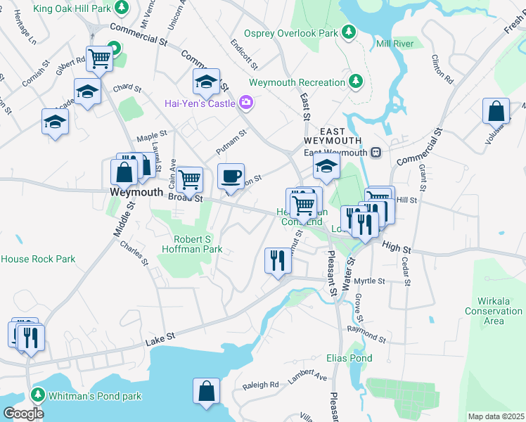 map of restaurants, bars, coffee shops, grocery stores, and more near 11 Randall Avenue in Weymouth