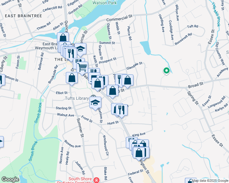 map of restaurants, bars, coffee shops, grocery stores, and more near 109 Broad Street in Weymouth
