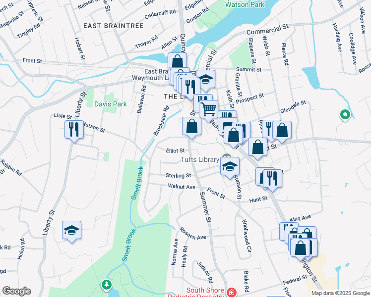 map of restaurants, bars, coffee shops, grocery stores, and more near 37 Williams Street in Braintree