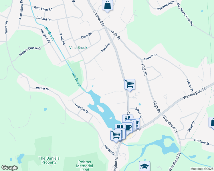 map of restaurants, bars, coffee shops, grocery stores, and more near 55 Jarr Brook Road in Holliston