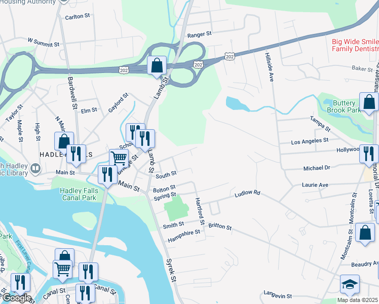 map of restaurants, bars, coffee shops, grocery stores, and more near 50 South Street in South Hadley