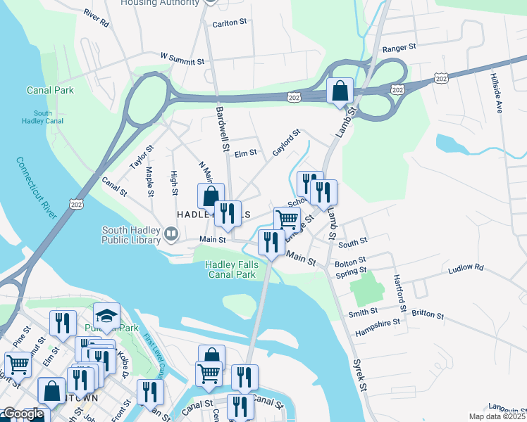 map of restaurants, bars, coffee shops, grocery stores, and more near 39 East School Street in South Hadley