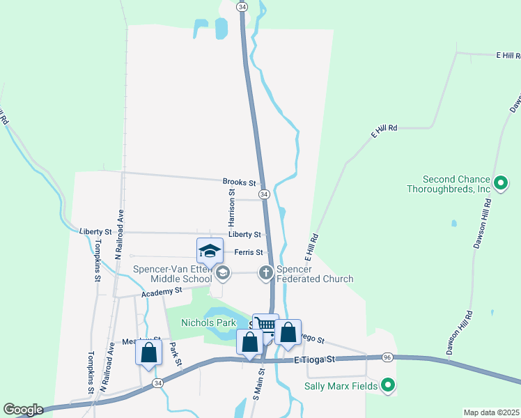map of restaurants, bars, coffee shops, grocery stores, and more near 107 North Main Street in Spencer
