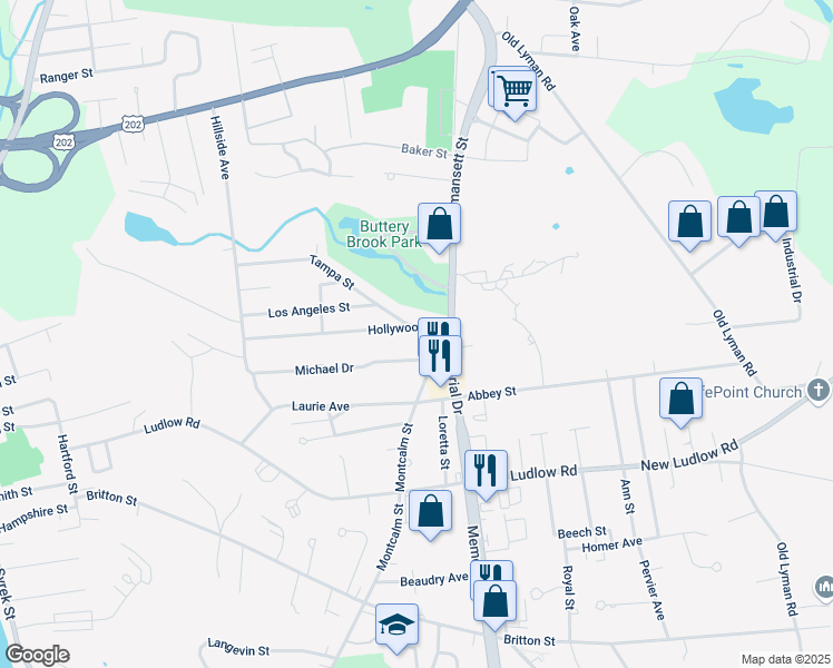 map of restaurants, bars, coffee shops, grocery stores, and more near 8 Michael Drive in South Hadley