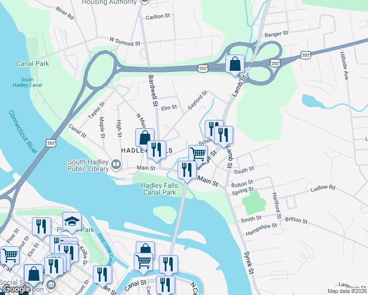 map of restaurants, bars, coffee shops, grocery stores, and more near 36 School Street in South Hadley