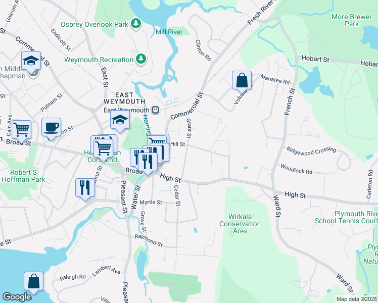map of restaurants, bars, coffee shops, grocery stores, and more near 55 Grant Street in Weymouth
