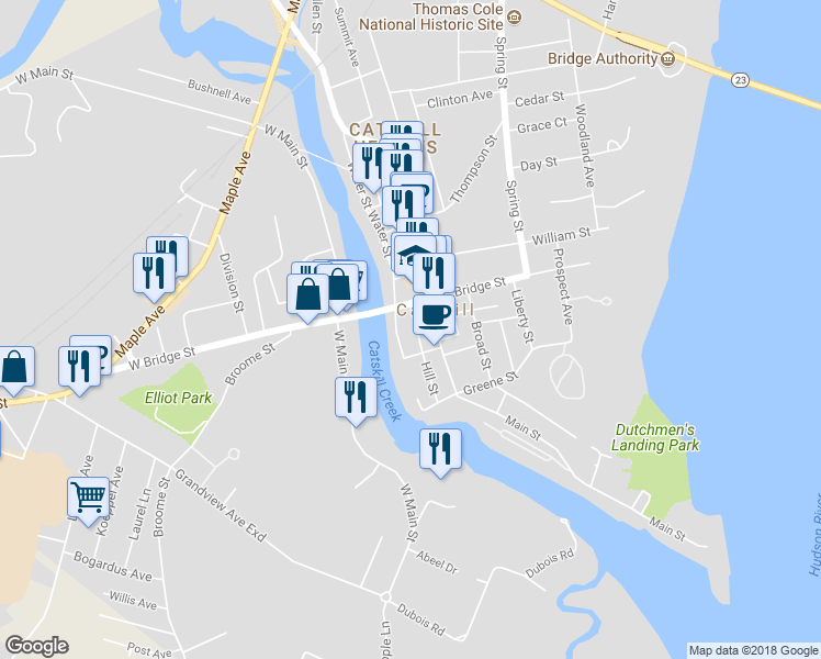 map of restaurants, bars, coffee shops, grocery stores, and more near 65 Hill Street in Catskill