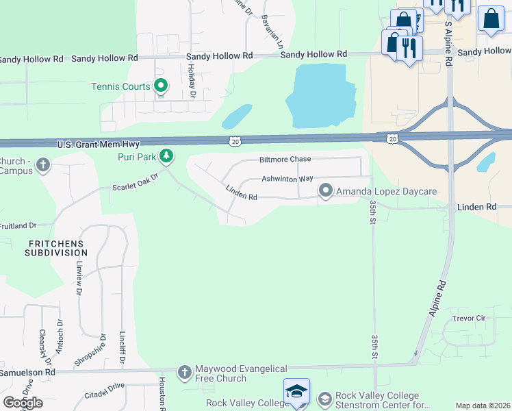 map of restaurants, bars, coffee shops, grocery stores, and more near 3930 Scarlet Oak Drive in Rockford
