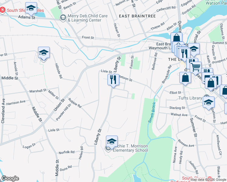 map of restaurants, bars, coffee shops, grocery stores, and more near 104 Liberty Street in Braintree