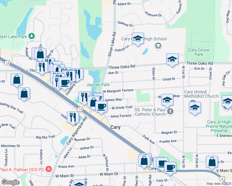 map of restaurants, bars, coffee shops, grocery stores, and more near 439 West Margaret Terrace in Cary