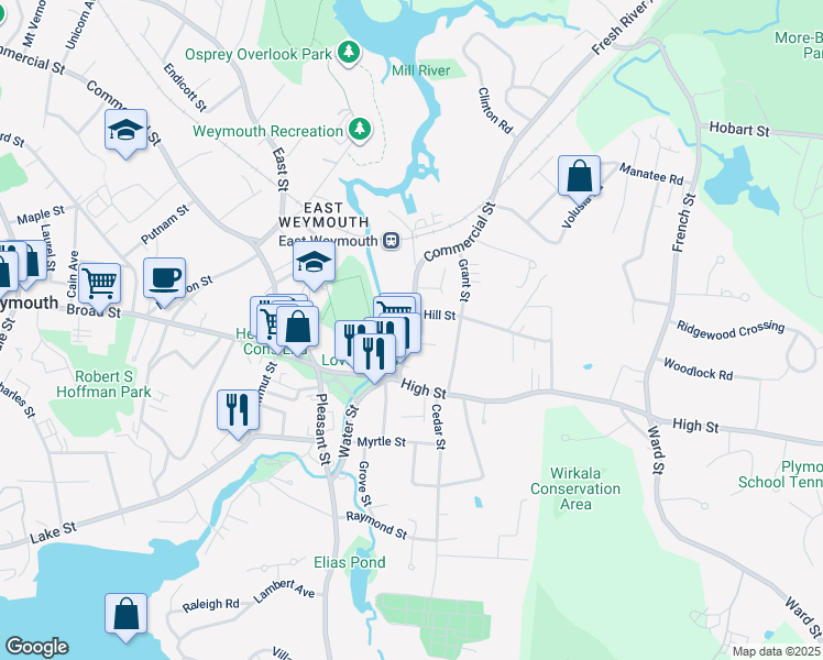 map of restaurants, bars, coffee shops, grocery stores, and more near 1534 Commercial Street in Weymouth