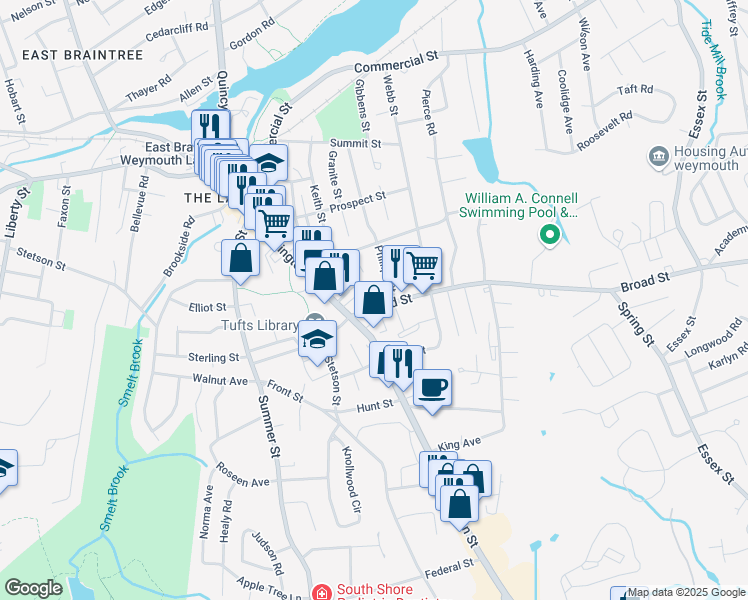 map of restaurants, bars, coffee shops, grocery stores, and more near 22 Phillips Street in Weymouth