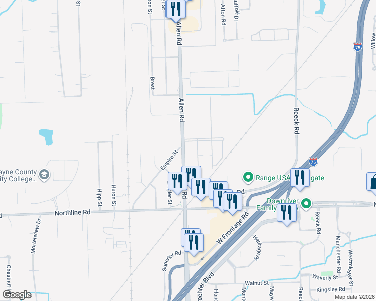 map of restaurants, bars, coffee shops, grocery stores, and more near 19175 Main Street in Southgate