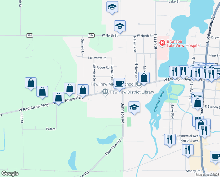 map of restaurants, bars, coffee shops, grocery stores, and more near 600 West Michigan Avenue in Paw Paw