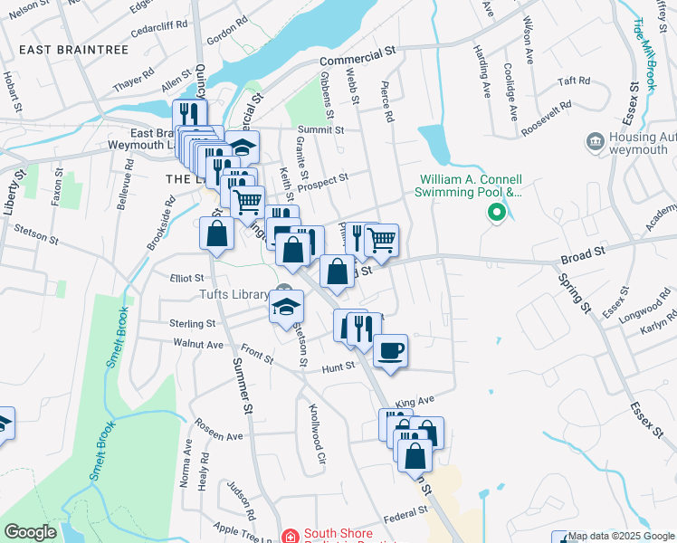 map of restaurants, bars, coffee shops, grocery stores, and more near 22 Phillips Street in Weymouth