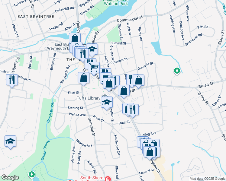 map of restaurants, bars, coffee shops, grocery stores, and more near 24 Baker Avenue in Weymouth
