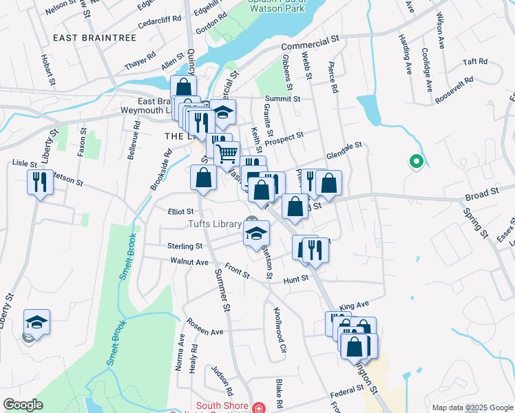 map of restaurants, bars, coffee shops, grocery stores, and more near 148 Washington Street in Weymouth