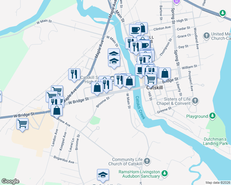 map of restaurants, bars, coffee shops, grocery stores, and more near 44 West Bridge Street in Catskill
