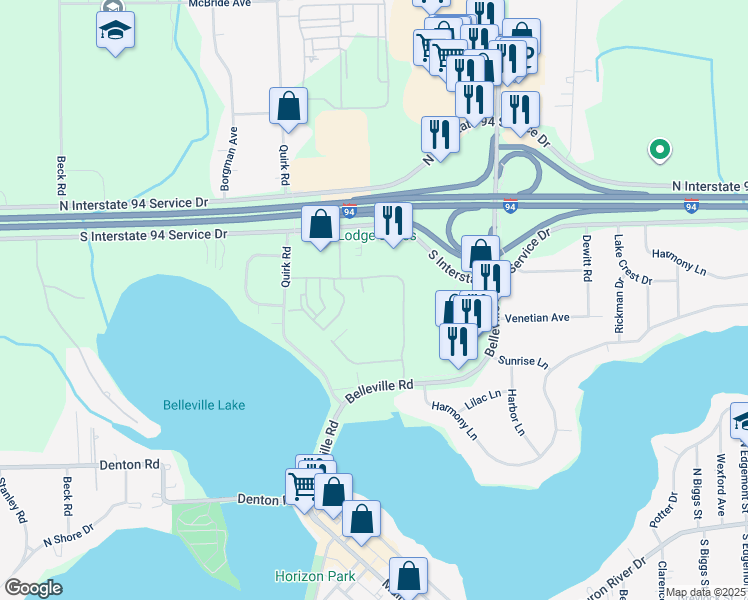 map of restaurants, bars, coffee shops, grocery stores, and more near 46141 Village Green Lane in Van Buren Charter Township
