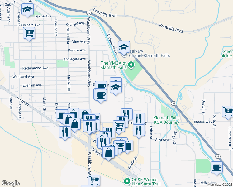 map of restaurants, bars, coffee shops, grocery stores, and more near 1336 Avalon Street in Klamath Falls