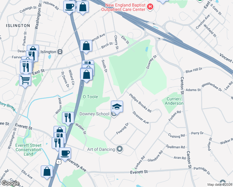 map of restaurants, bars, coffee shops, grocery stores, and more near 102 Smith Drive in Westwood