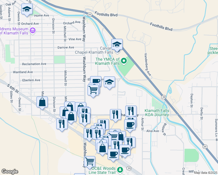 map of restaurants, bars, coffee shops, grocery stores, and more near 1336 Avalon Street in Klamath Falls