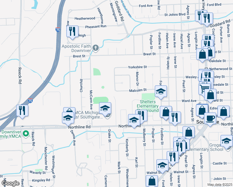 map of restaurants, bars, coffee shops, grocery stores, and more near 15041 Oxford Court in Southgate