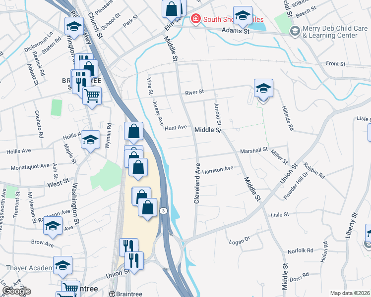 map of restaurants, bars, coffee shops, grocery stores, and more near 18 Harding Avenue in Braintree