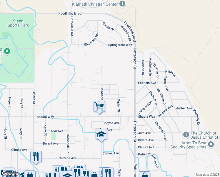 map of restaurants, bars, coffee shops, grocery stores, and more near 1505 Madison Street in Klamath Falls