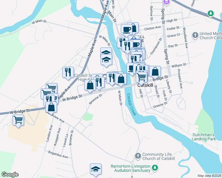 map of restaurants, bars, coffee shops, grocery stores, and more near 30 West Bridge Street in Catskill