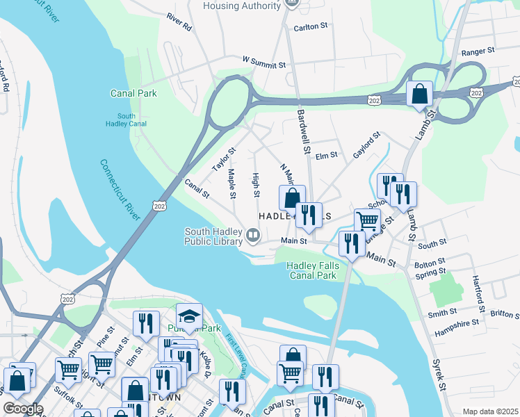 map of restaurants, bars, coffee shops, grocery stores, and more near 43 High Street in South Hadley
