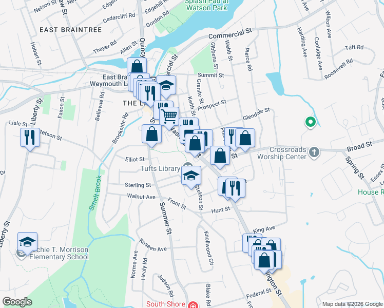 map of restaurants, bars, coffee shops, grocery stores, and more near 148 Washington Street in Weymouth