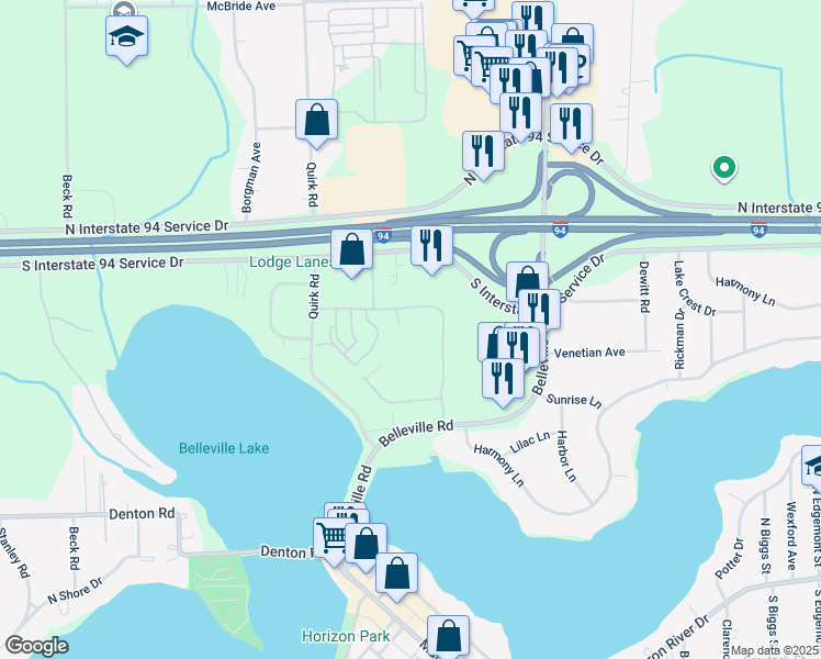 map of restaurants, bars, coffee shops, grocery stores, and more near 46141 Village Green Lane in Van Buren Charter Township