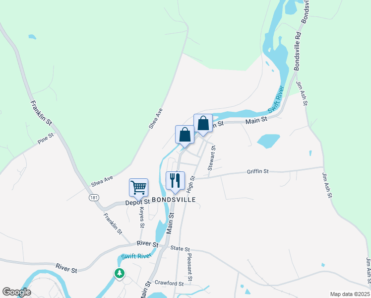 map of restaurants, bars, coffee shops, grocery stores, and more near 141 Main Street in Palmer