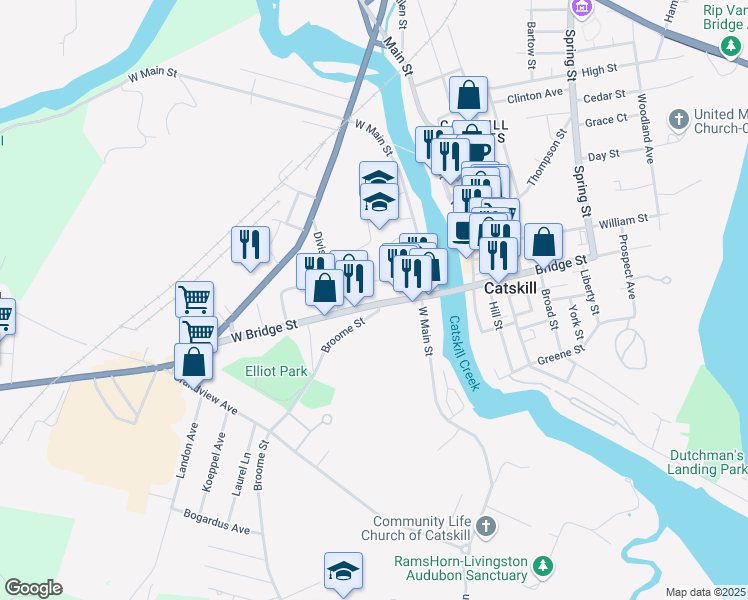 map of restaurants, bars, coffee shops, grocery stores, and more near 44 West Bridge Street in Catskill