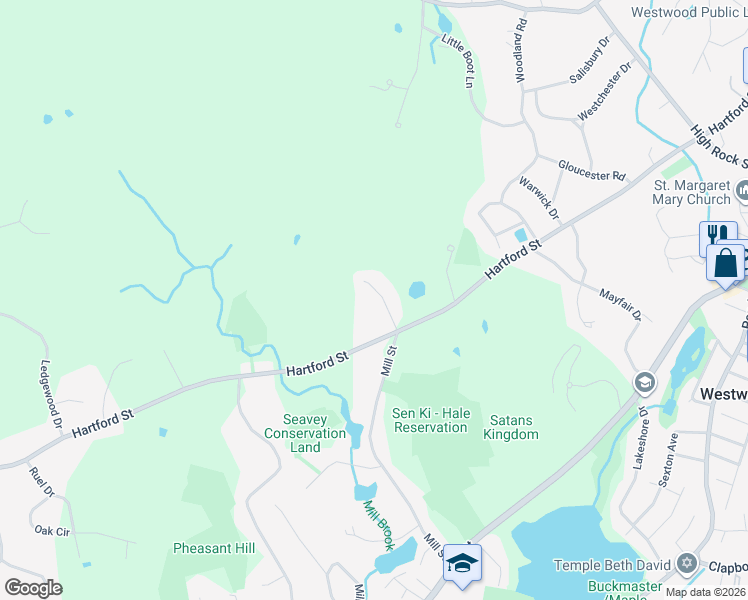 map of restaurants, bars, coffee shops, grocery stores, and more near 39 Kingswood Road in Westwood