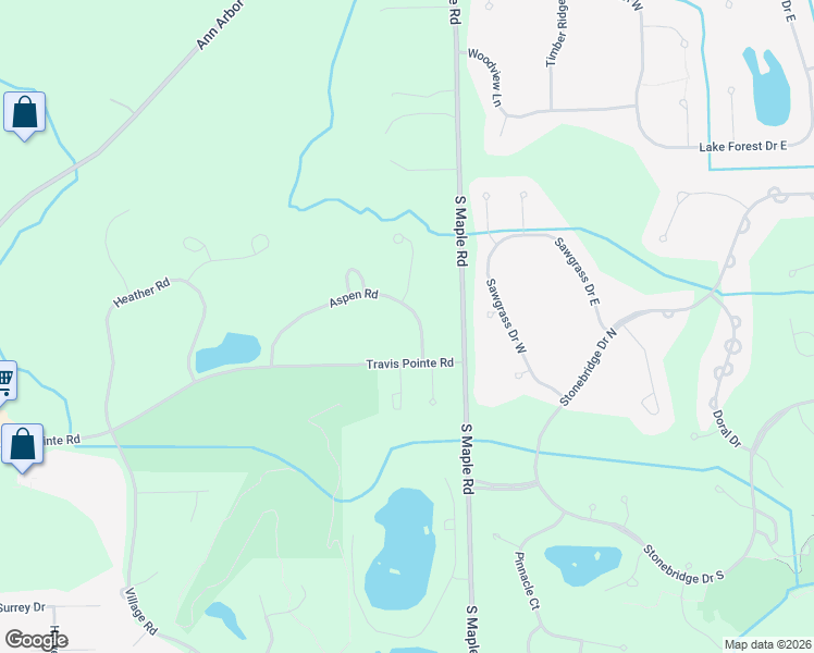 map of restaurants, bars, coffee shops, grocery stores, and more near 2665 Aspen Road in Ann Arbor