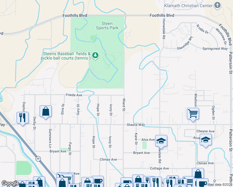 map of restaurants, bars, coffee shops, grocery stores, and more near 1304 Wiard Street in Klamath Falls