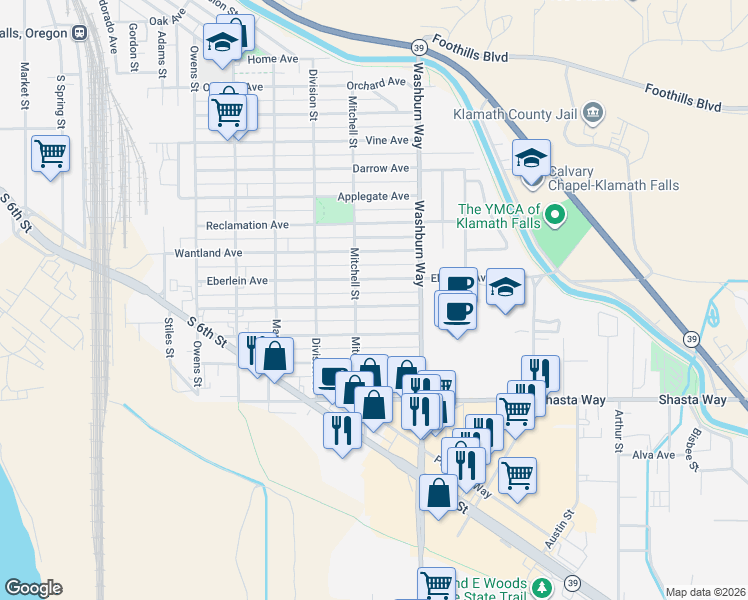 map of restaurants, bars, coffee shops, grocery stores, and more near 2420 Eberlein Avenue in Klamath Falls