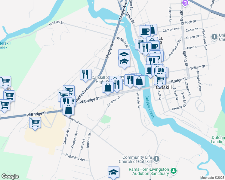 map of restaurants, bars, coffee shops, grocery stores, and more near 26-30 Division Street in Catskill